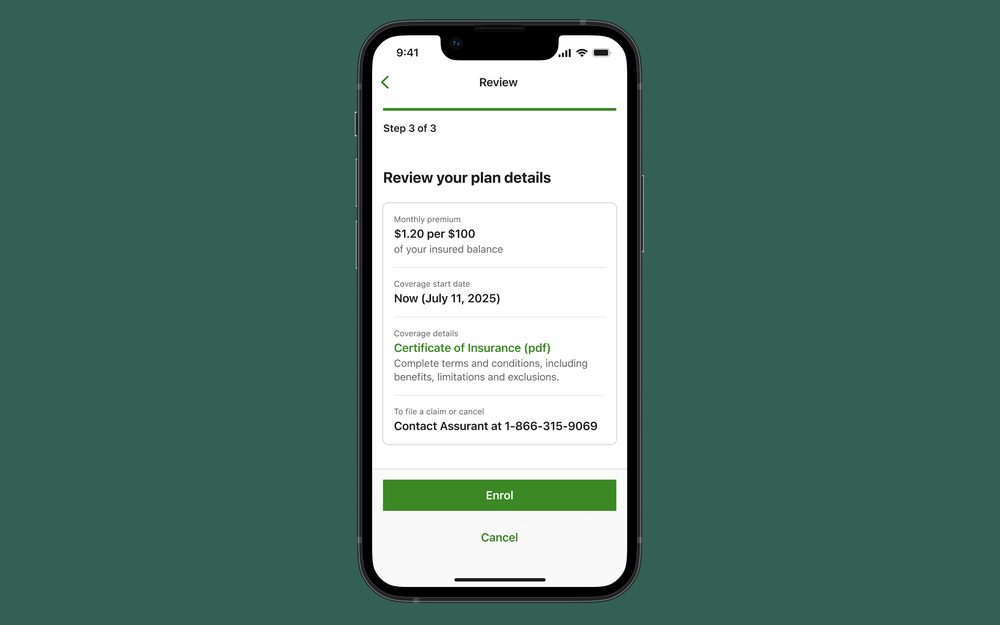Review your plan details screen with monthly premium, coverage start date, and how to cancel