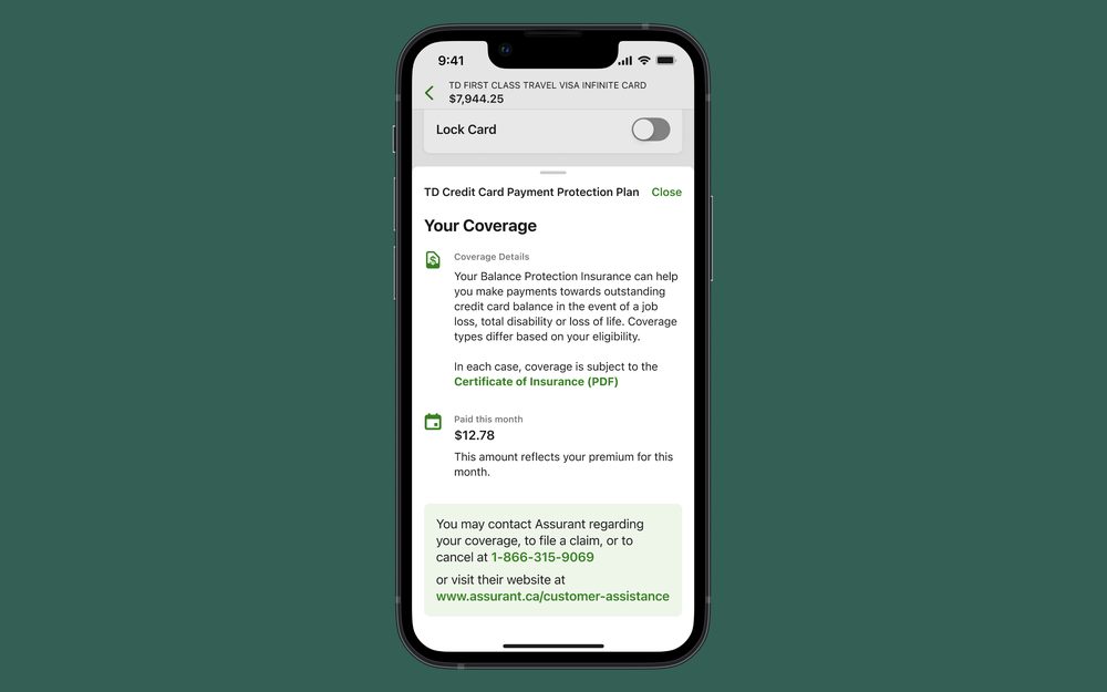 TD Credit Card Payment Protection Plan, Your Coverage detail screen